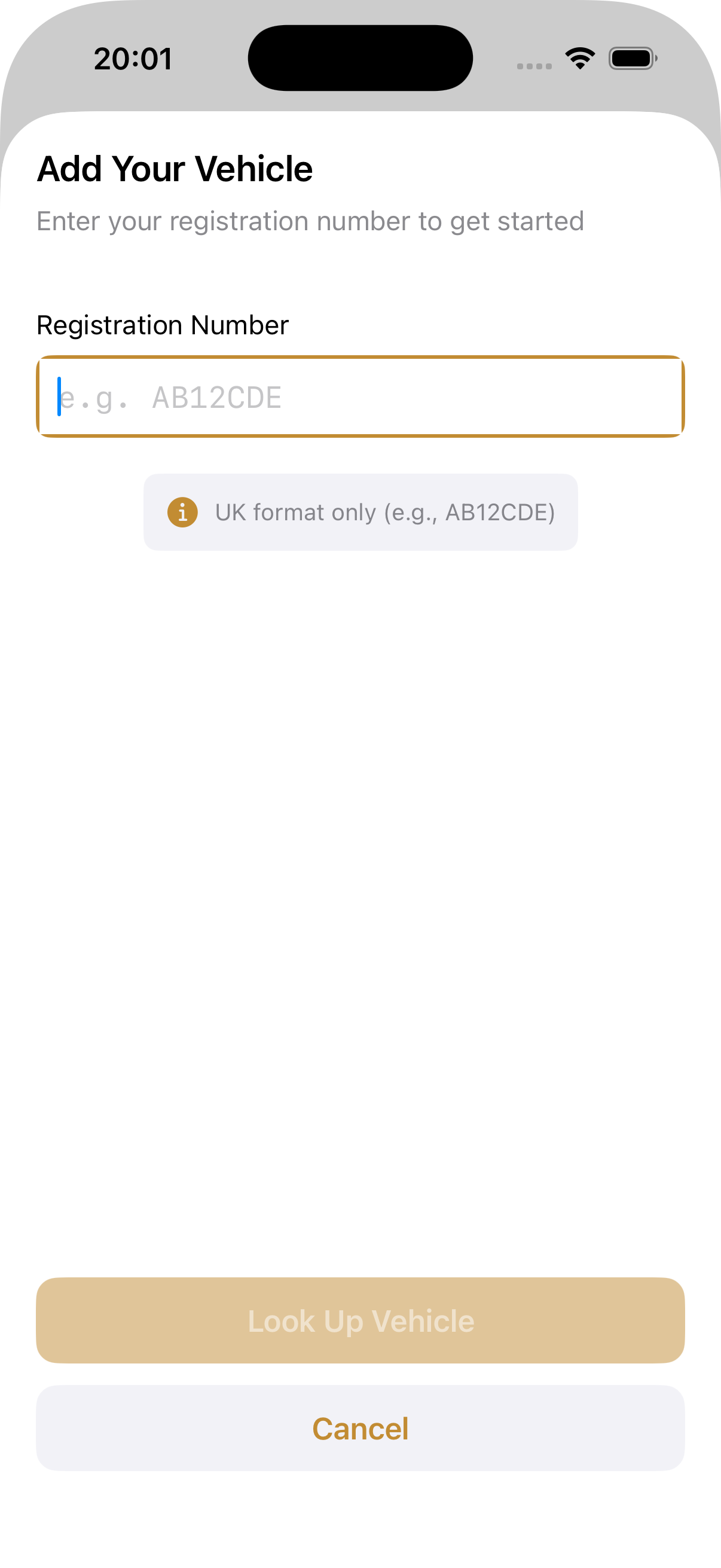 Add your vehicle screen with registration number input field