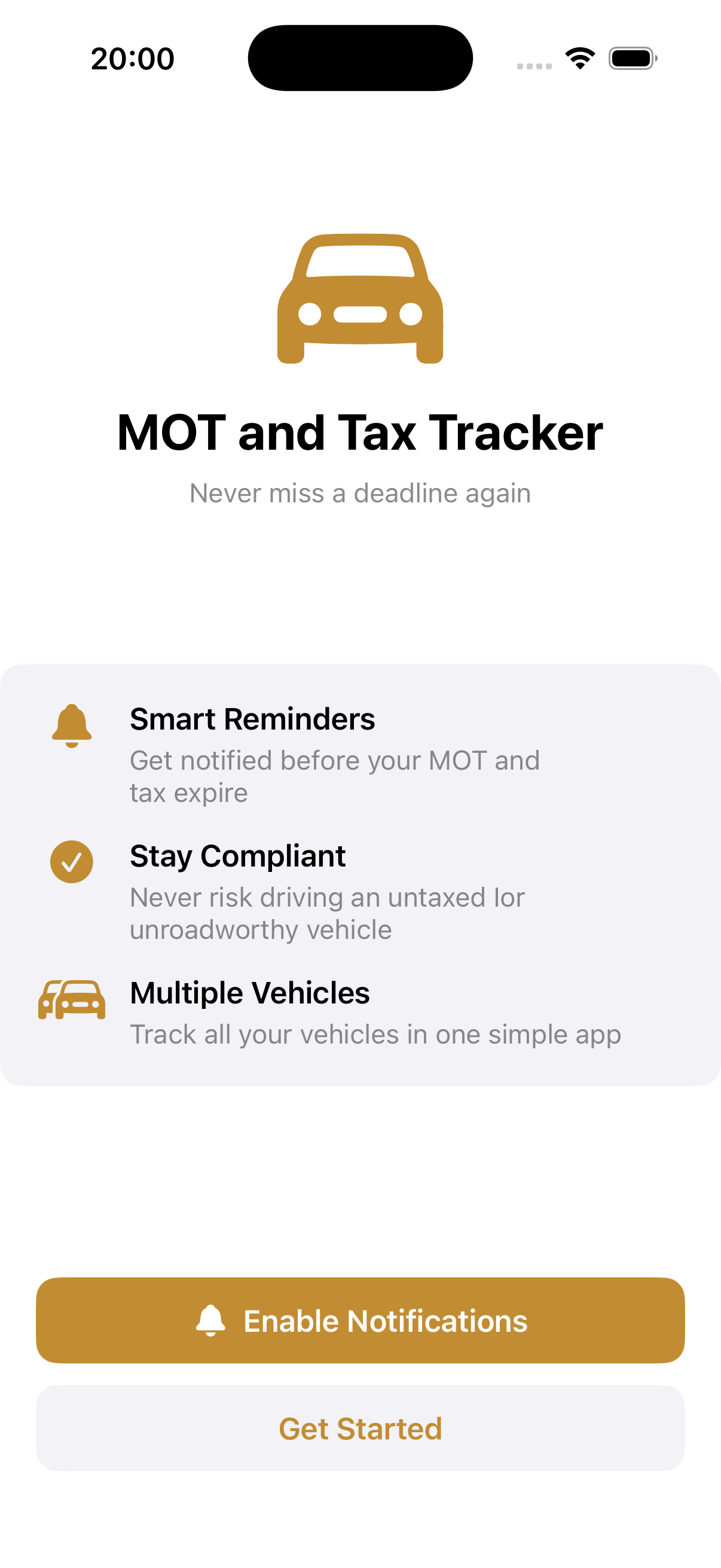 Onboarding screen with smart reminders, stay compliant and multiple vehicles features