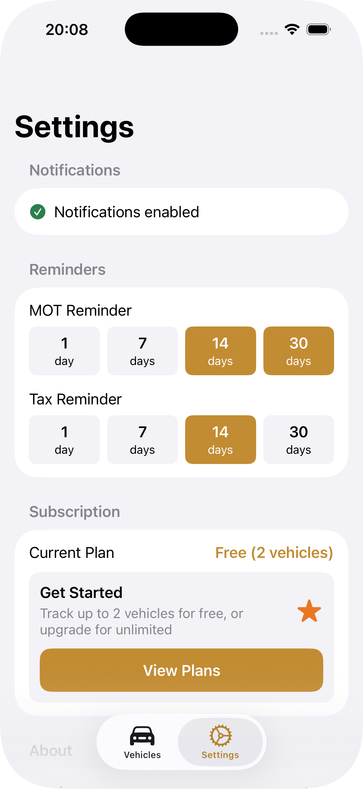 Settings screen with notification preferences and reminder cadence options